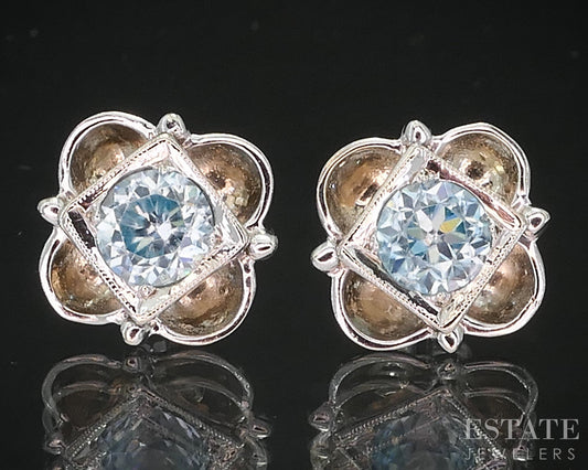 Vintage 14k White Gold Natural Blue Zircon Ladies Stud Earrings 3.0g i19575