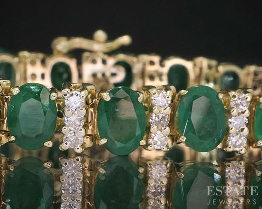14k Yellow Gold Natural Emerald & Diamond Tennis Bracelet 19.5g 8"L i19588b