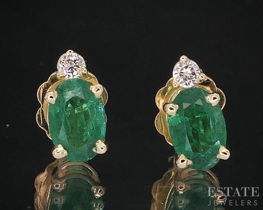 14k Yellow Gold Natural Emerald & Diamond Stud Earrings 1g i19604b