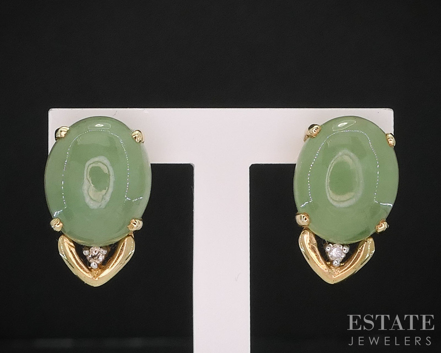 14k Yellow Gold Natural Green Jade & Diamond Stud Earrings 3.3g i19602b