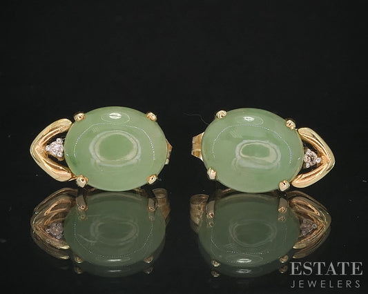 14k Yellow Gold Natural Green Jade & Diamond Stud Earrings 3.3g i19602b