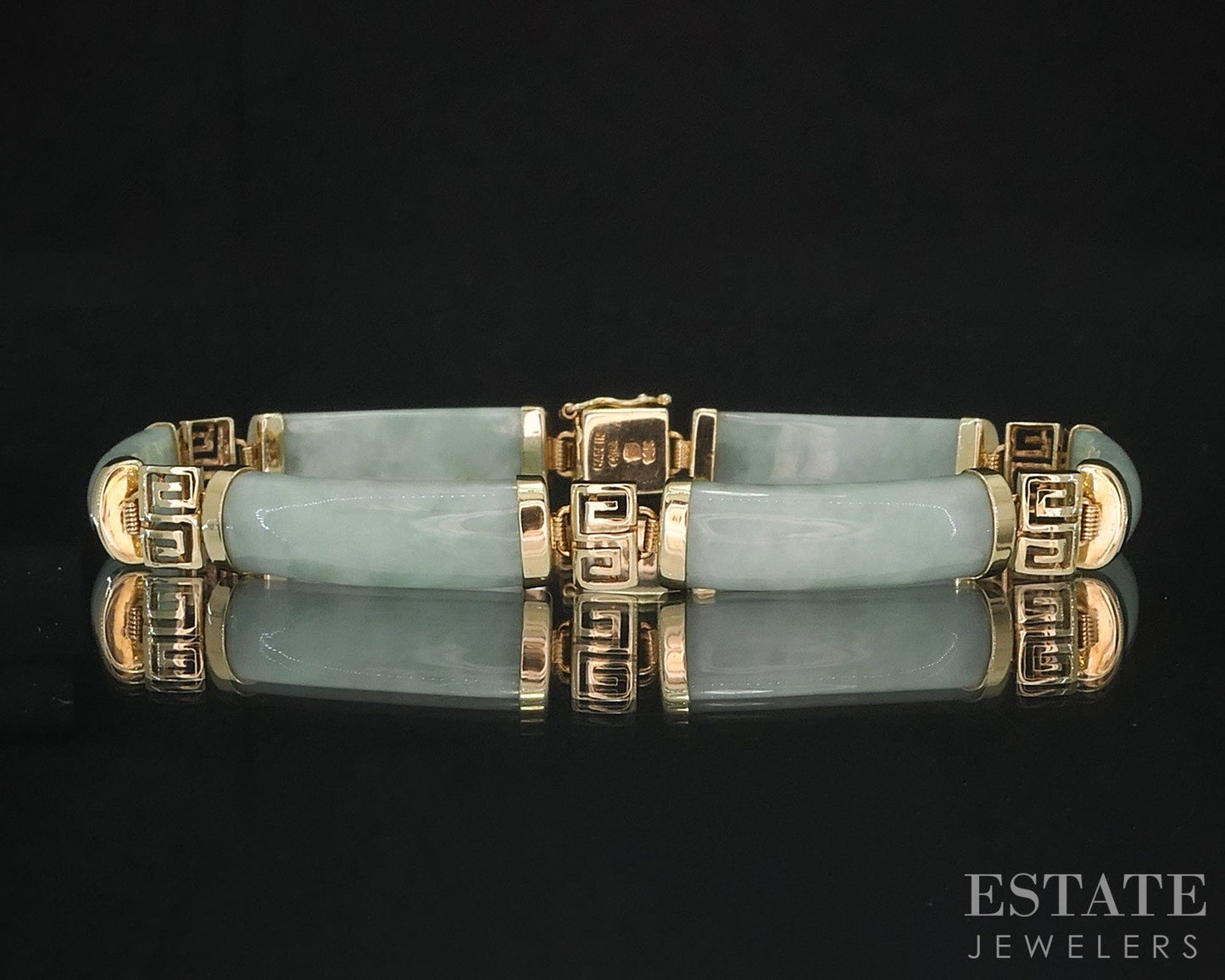 14k Yellow Gold Natural Green Jade Link Ladies Bracelet 15.2g 7.25"L i19605b