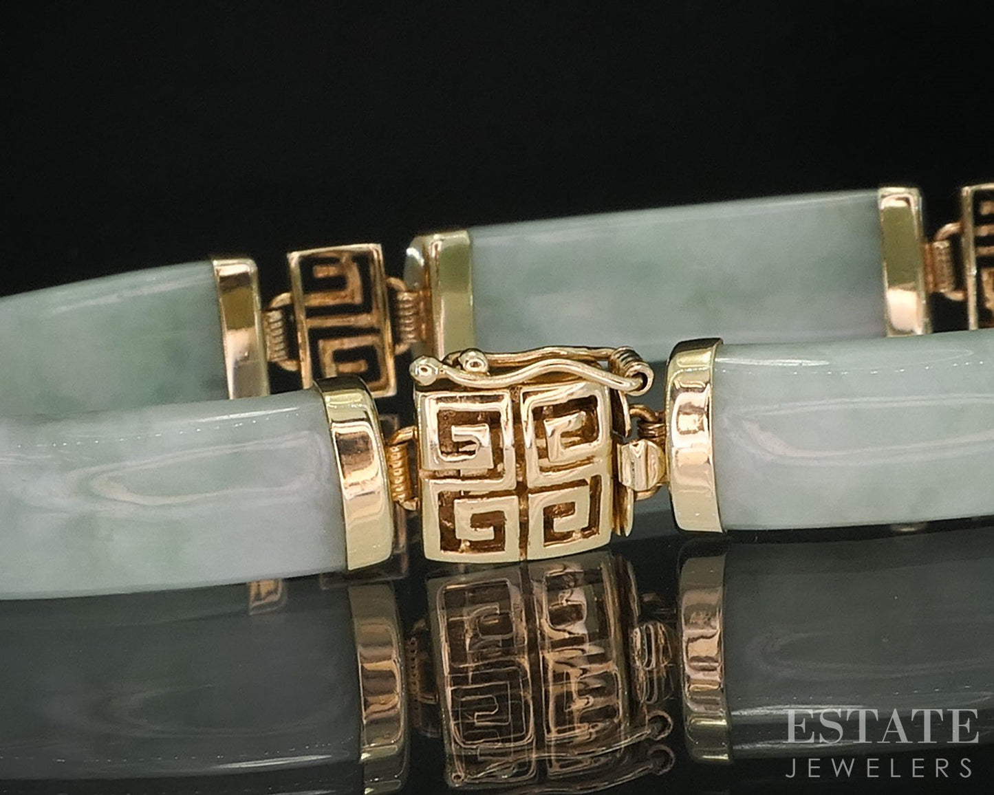 14k Yellow Gold Natural Green Jade Link Ladies Bracelet 15.2g 7.25"L i19605b