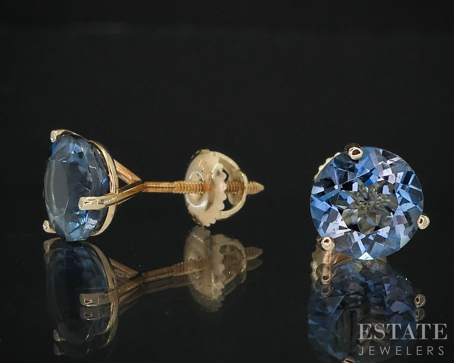 14k Yellow Gold Round Natural London Blue Topaz Screw Back Earrings 2g i19593b