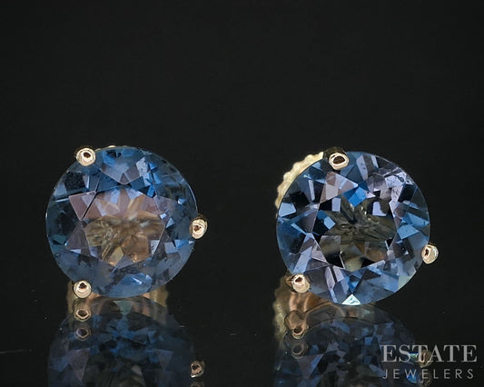 14k Yellow Gold Round Natural London Blue Topaz Screw Back Earrings 2g i19593b