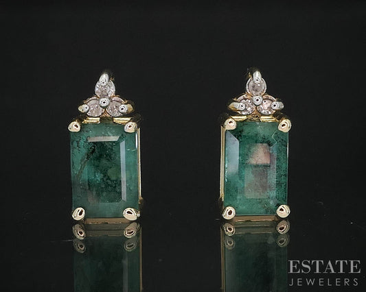 14k Yellow Gold Natural Emerald & Diamond Stud Earrings 1.2g i19601b