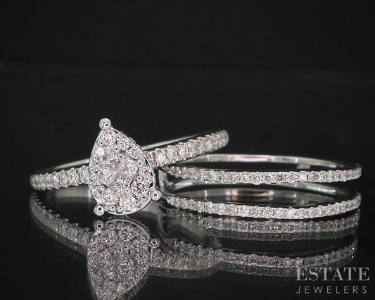 14k White Gold Pear Natural .50ctw Diamond Cluster Wedding Set 3.2g i19607b