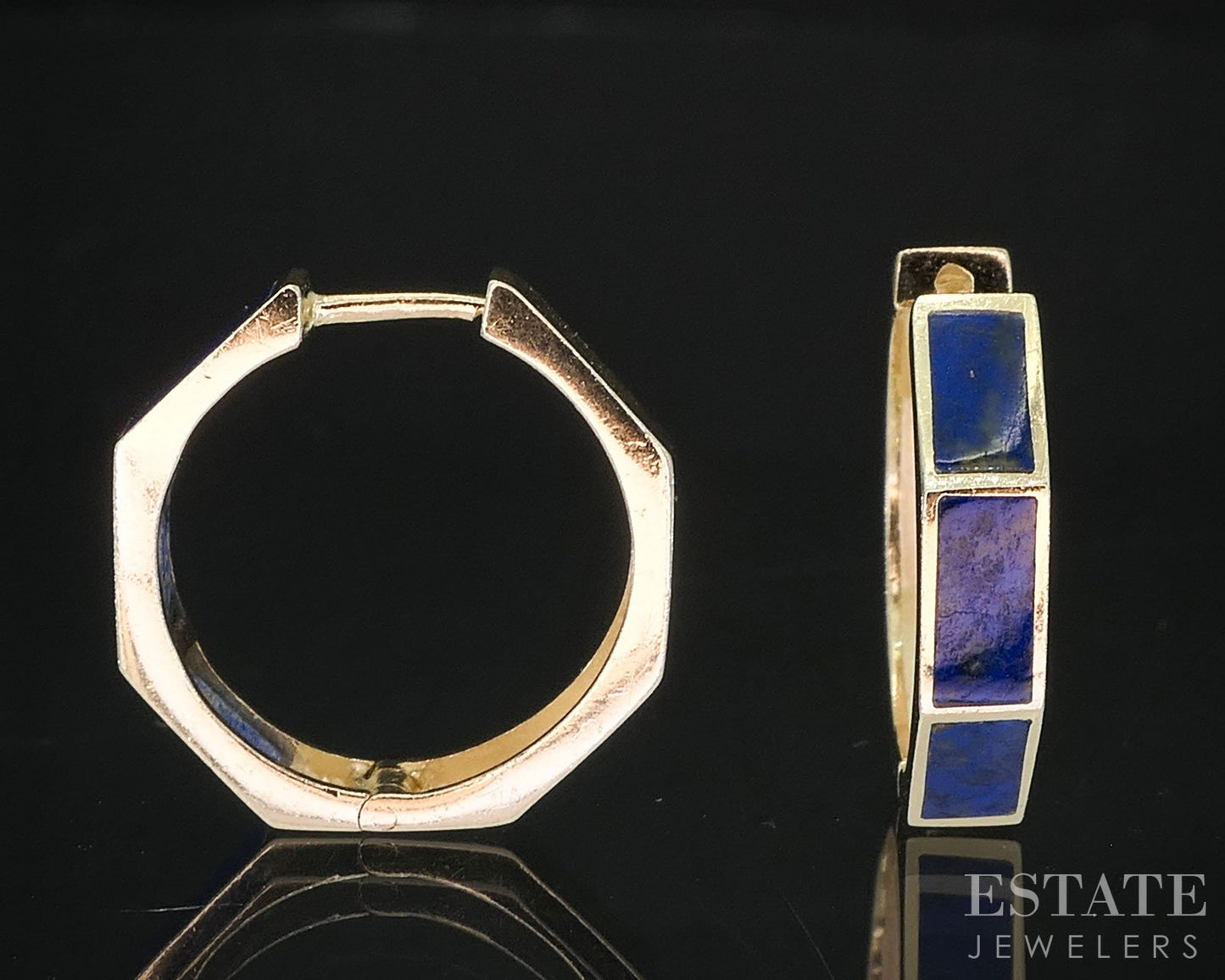 Vintage 14k Yellow Gold Natural Lapis Hinged Hoop Earrings 3.2g i19592b