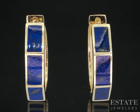 Vintage 14k Yellow Gold Natural Lapis Hinged Hoop Earrings 3.2g i19592b