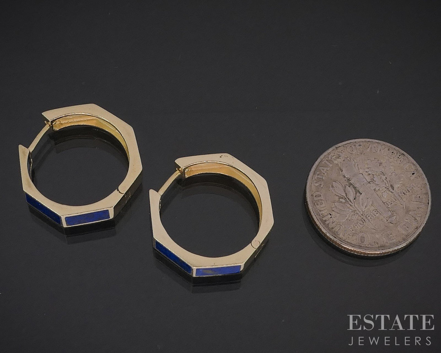 Vintage 14k Yellow Gold Natural Lapis Hinged Hoop Earrings 3.2g i19592b