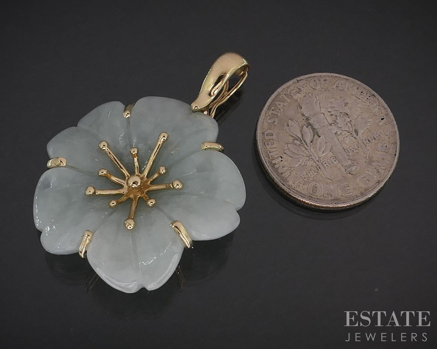 14k Yellow Gold Natural Green Jade Carved Flower Enhancer Pendant 7.8g i19606b