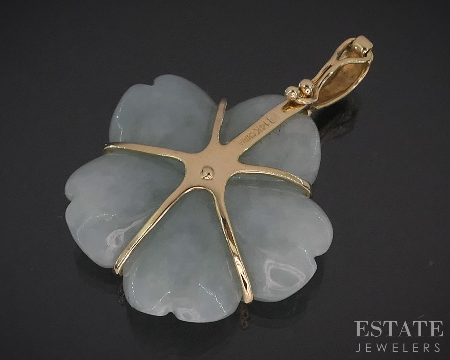 14k Yellow Gold Natural Green Jade Carved Flower Enhancer Pendant 7.8g i19606b