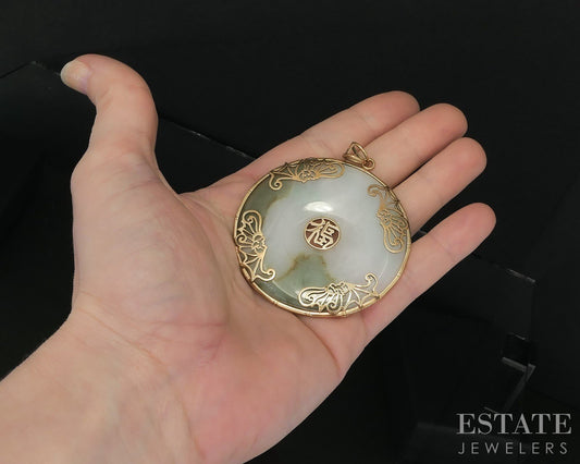 14k Yellow Gold 54mm Natural Green Jade Disk Large Pendant 30.6g i19597b