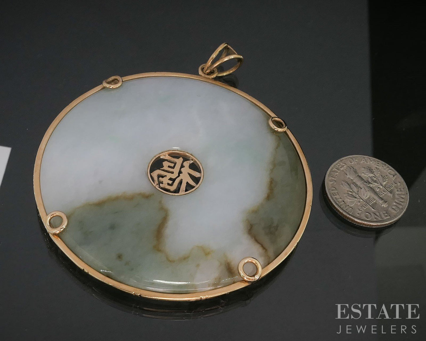 14k Yellow Gold 54mm Natural Green Jade Disk Large Pendant 30.6g i19597b