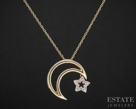 14k Yellow Gold Natural Diamond Crescent Moon Star Necklace 1.7g 18"L i19590b