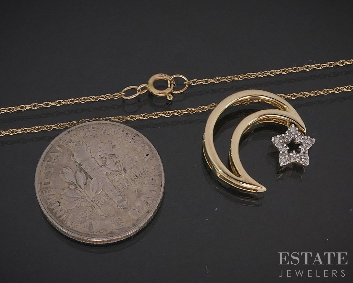 14k Yellow Gold Natural Diamond Crescent Moon Star Necklace 1.7g 18"L i19590b