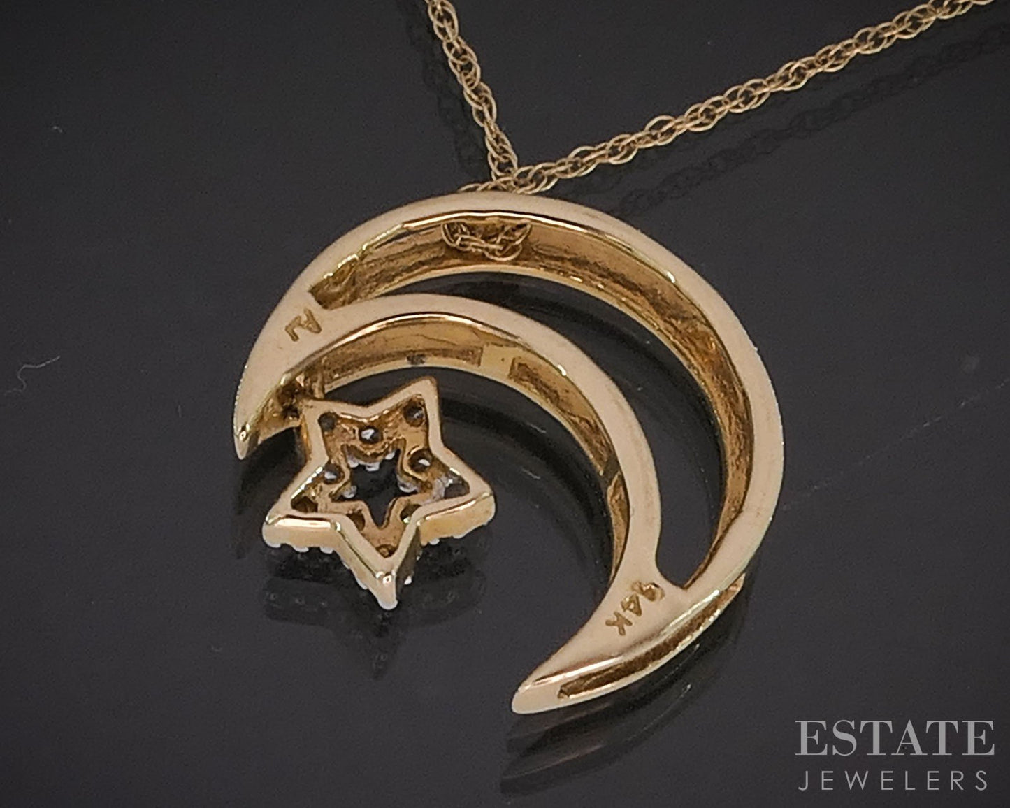 14k Yellow Gold Natural Diamond Crescent Moon Star Necklace 1.7g 18"L i19590b