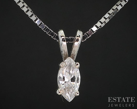 14k White Gold Marquise .12ct Diamond Solitaire Necklace 2.5g 18"L i19591b