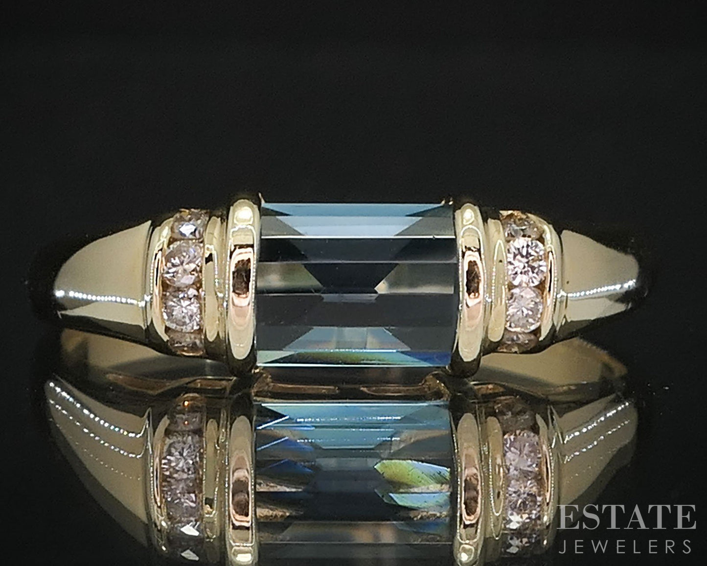 14k Yellow Gold Natural Blue Topaz & Diamond Ladies Band Ring 3.1g i19609b