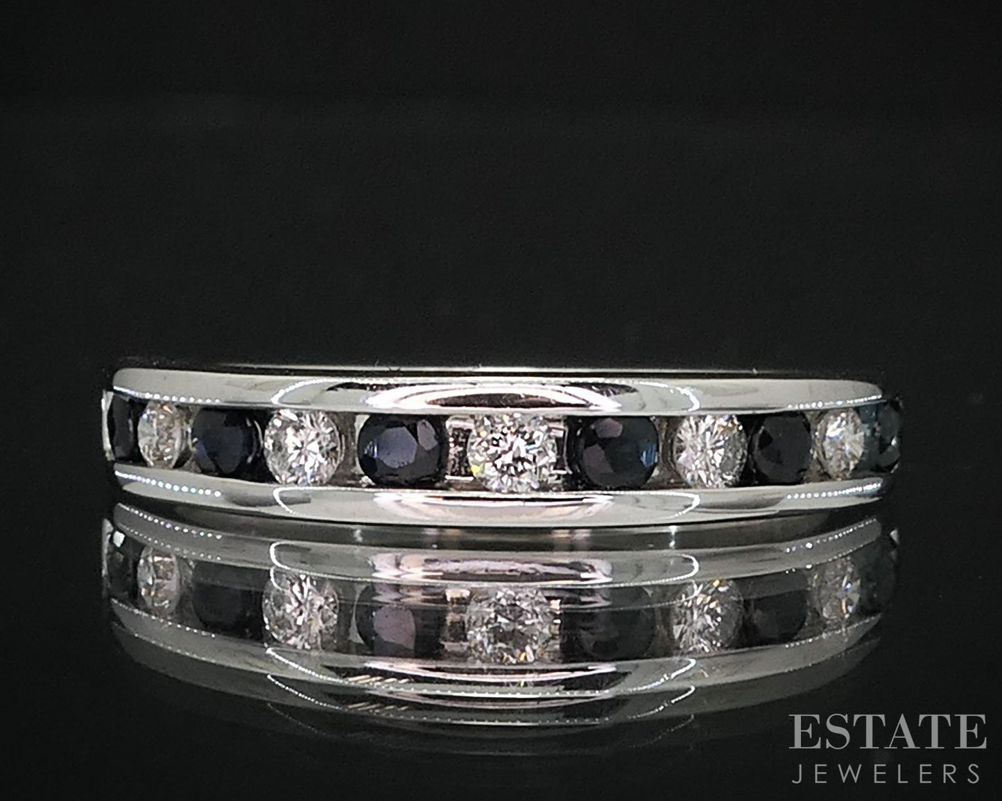 14k White Gold Natural Blue Sapphire & Diamond Ladies Band Ring 2.9g i19608b