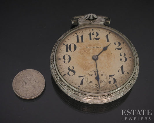 Antique Silver Tone South Bend 227 Railroad 21j Pocket Watch i19617