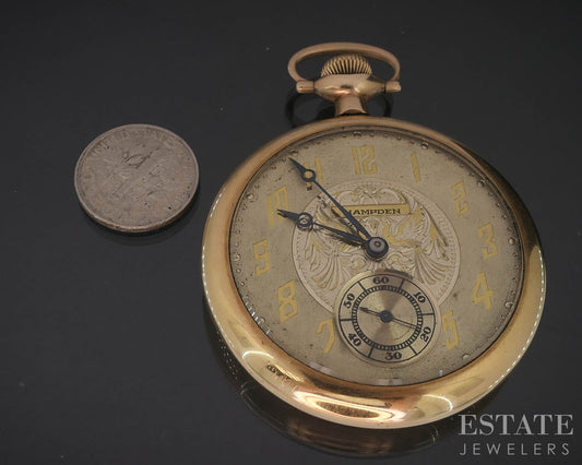 Antique Gold Filled Hampden 310 17j Fancy Dial Pocket Watch p85493