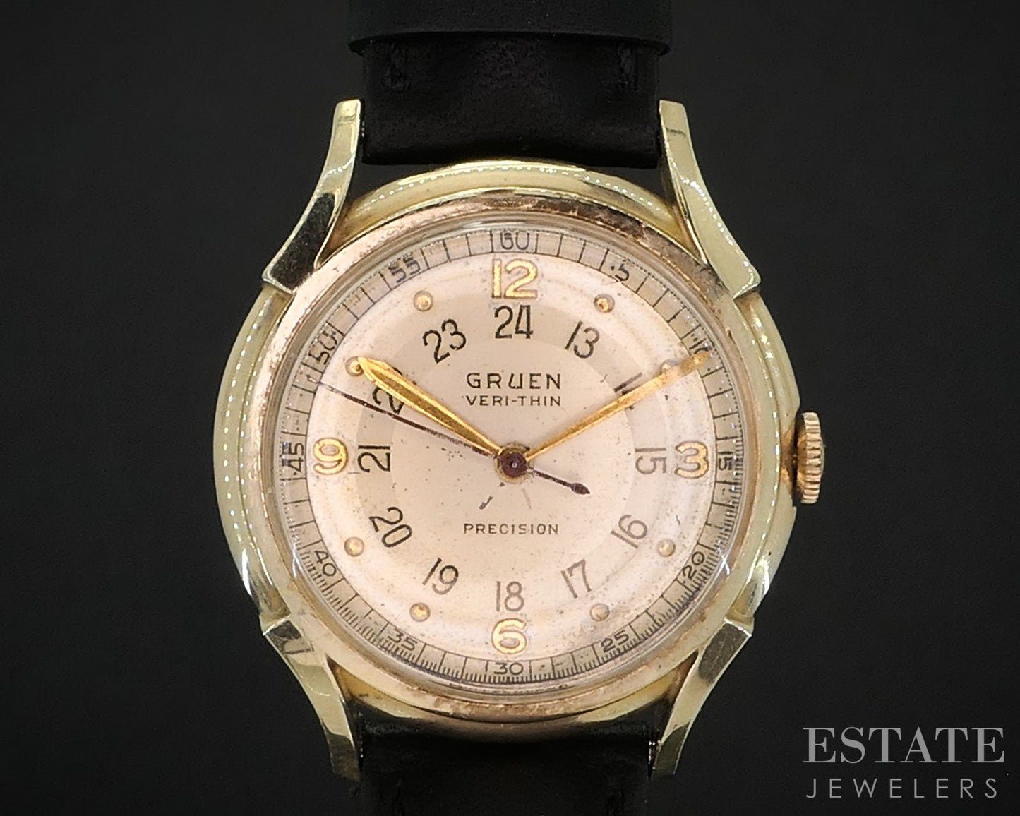 Vintage Gruen Veri-Thin 14k Yellow Gold 24 Hour Dial Mens Watch i19618