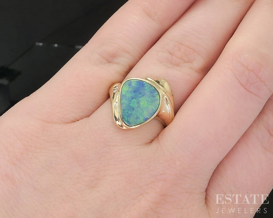 14k Yellow Gold Natural Boulder Opal & Diamond Ladies Band Ring 4.8g i19637