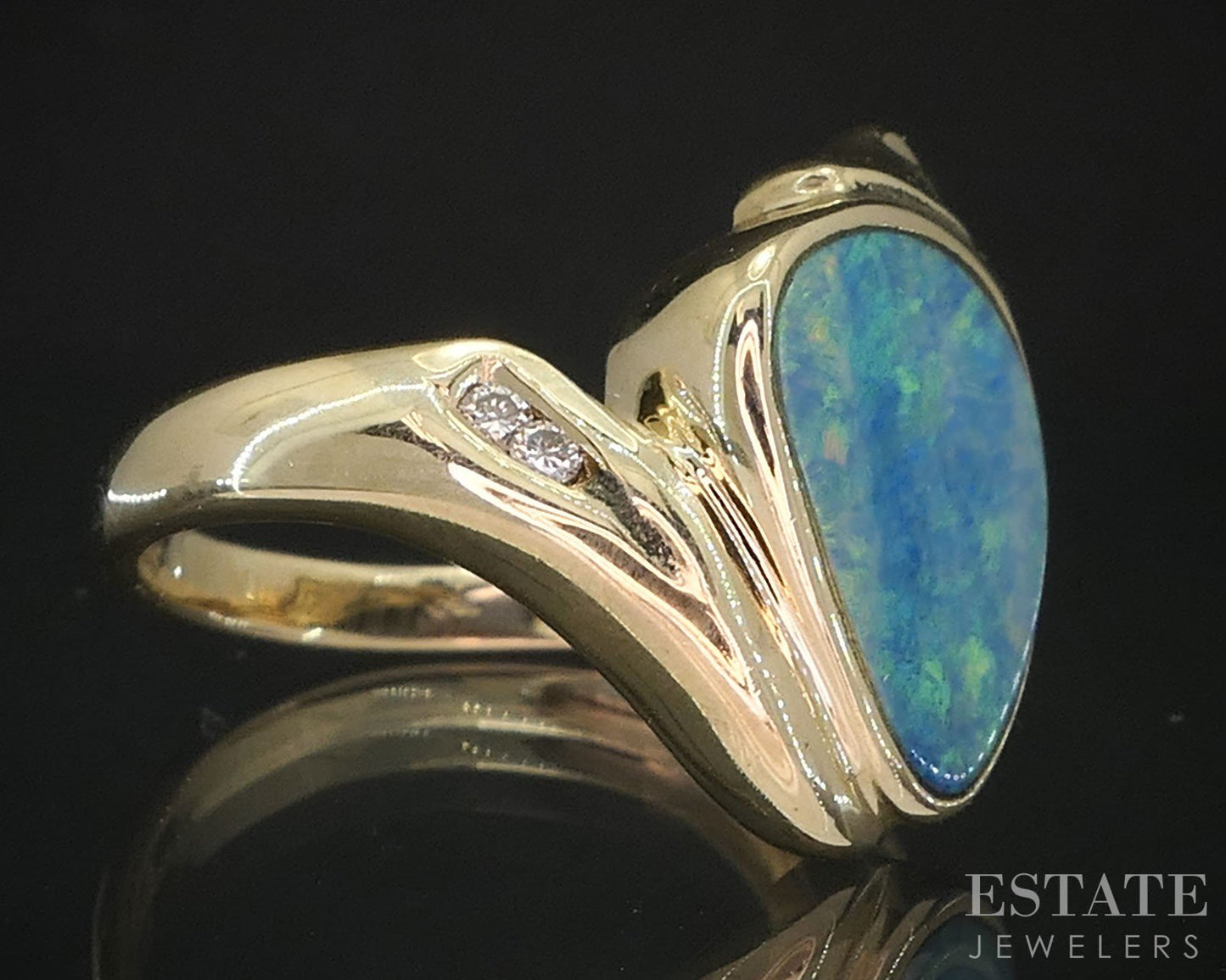 14k Yellow Gold Natural Boulder Opal & Diamond Ladies Band Ring 4.8g i19637