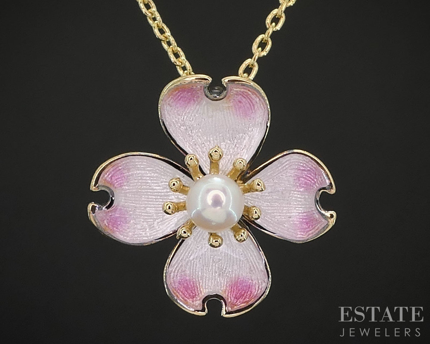 18k/10k Yellow Gold 3mm Pearl Enameled Dogwood Flower Necklace 1.9g 18"L i19639