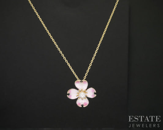18k/10k Yellow Gold 3mm Pearl Enameled Dogwood Flower Necklace 1.9g 18"L i19639