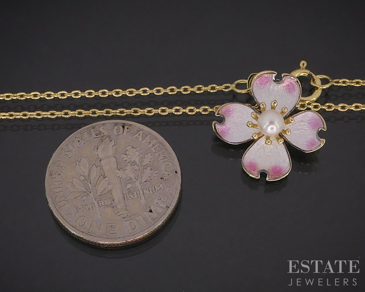 18k/10k Yellow Gold 3mm Pearl Enameled Dogwood Flower Necklace 1.9g 18"L i19639