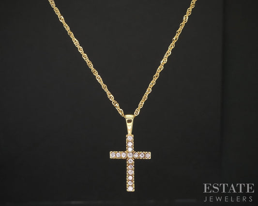 18k/14k Yellow Gold Natural .16ctw Diamond Cross Necklace 2.9g 18"L i19643