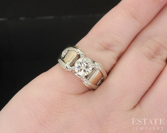 14k Two Tone Gold Round Natural .95ct Diamond Solitaire Band Ring 11.1g i19583