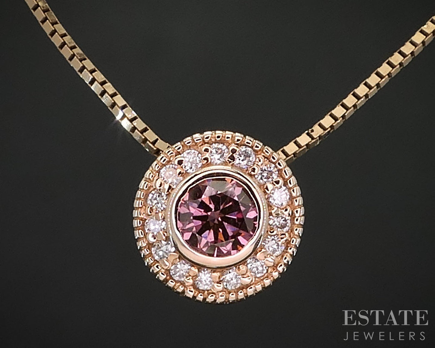 14k Rose Gold Round Natural .32ctw Pink Diamond Halo Necklace 3.1g 18"L i19626