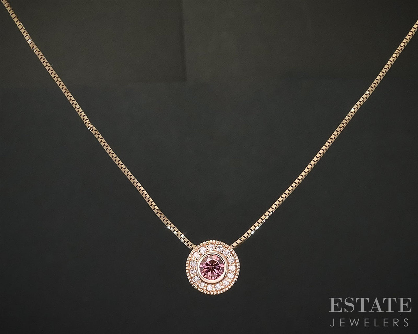 14k Rose Gold Round Natural .32ctw Pink Diamond Halo Necklace 3.1g 18"L i19626