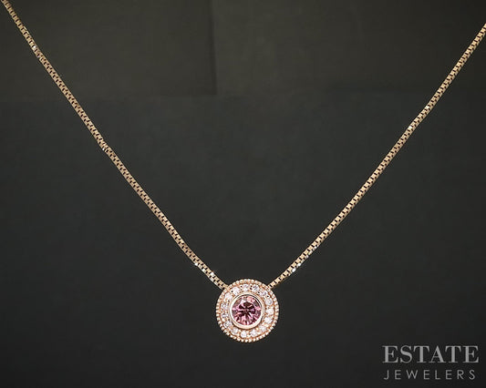 14k Rose Gold Round Natural .32ctw Pink Diamond Halo Necklace 3.1g 18"L i19626