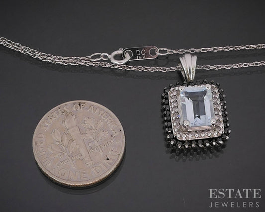 14k White Gold Natural Aquamarine & Diamond Ladies Necklace 3.3g 18"L i19640