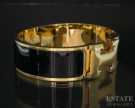 Vintage Gold Tone Hermes Enameled Clic "H" Bangle Bracelet i19636