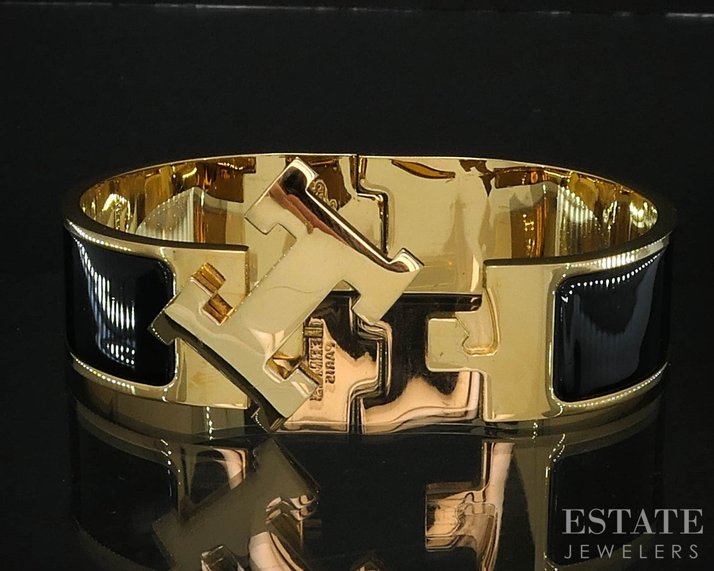 Vintage Gold Tone Hermes Enameled Clic "H" Bangle Bracelet i19636