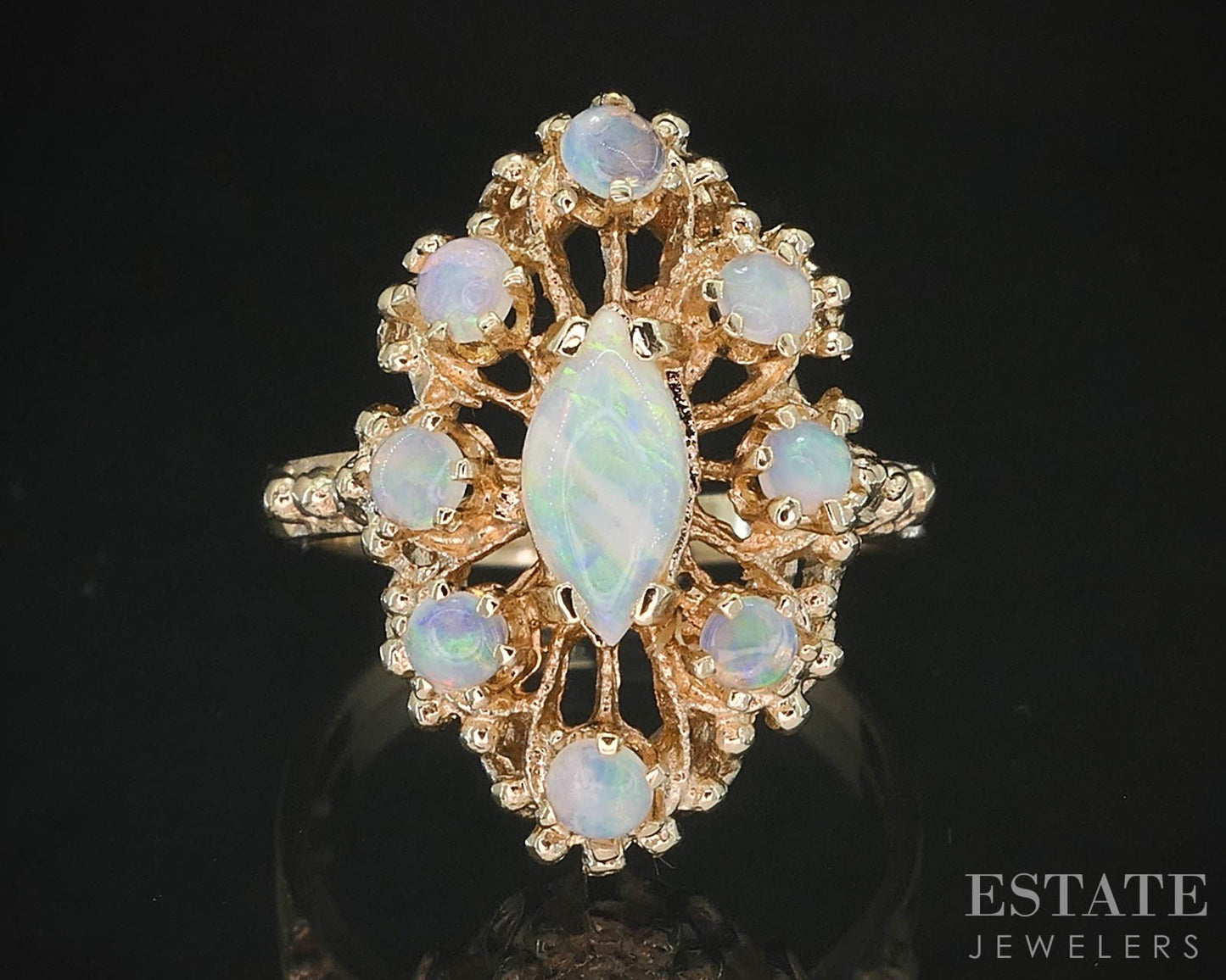 Vintage 14k Yellow Gold Marquise Natural Opal Halo Ladies Ring 3.8g i19633