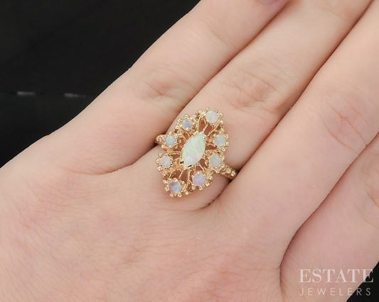 Vintage 14k Yellow Gold Marquise Natural Opal Halo Ladies Ring 3.8g i19633
