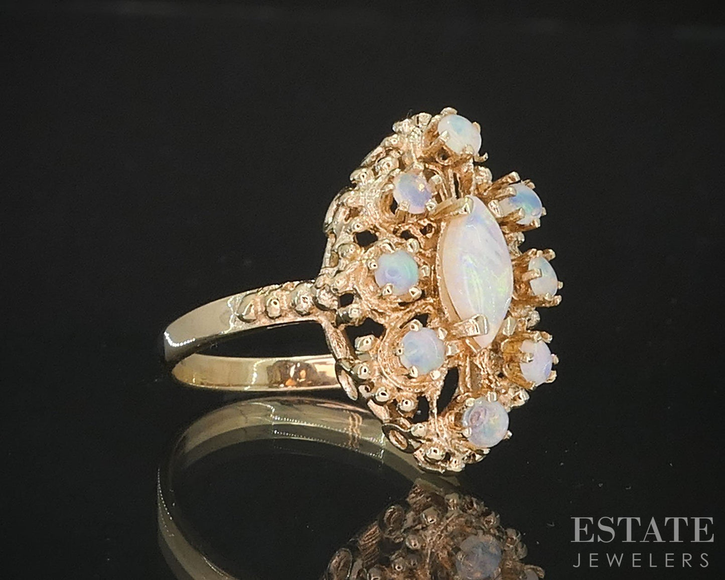 Vintage 14k Yellow Gold Marquise Natural Opal Halo Ladies Ring 3.8g i19633