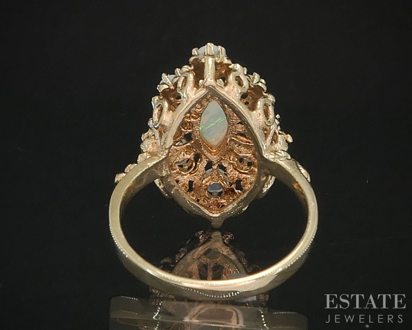 Vintage 14k Yellow Gold Marquise Natural Opal Halo Ladies Ring 3.8g i19633