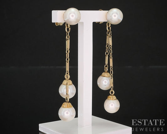 14k Yellow Gold 6.8mm Akoya Pearl Dangle Ladies Earrings 4.2g i19642
