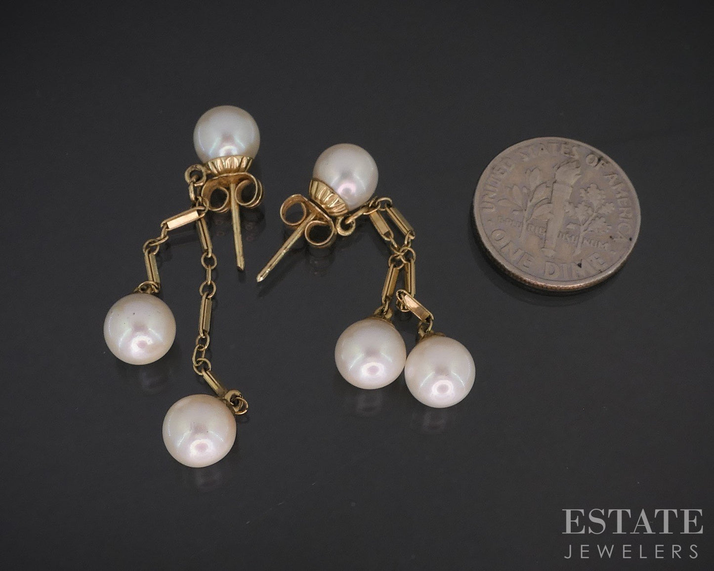 14k Yellow Gold 6.8mm Akoya Pearl Dangle Ladies Earrings 4.2g i19642