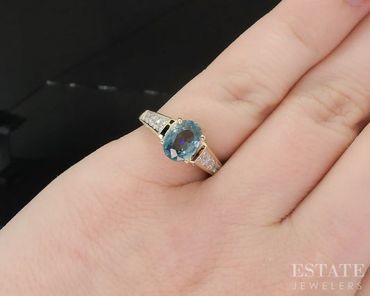 14k Yellow Gold Natural Blue Topaz & Diamond Ladies Ring 3.7g i19627