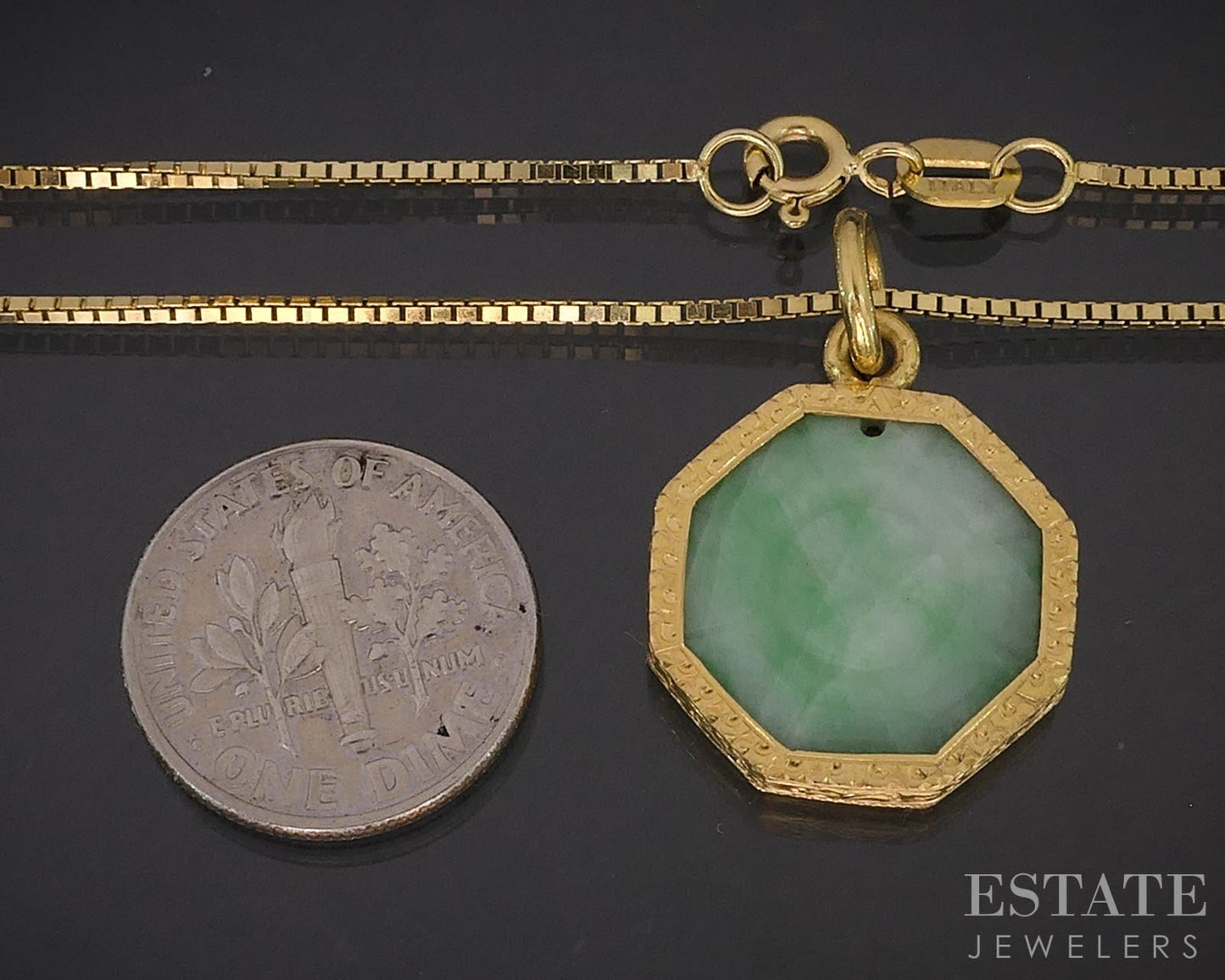 14k Yellow Gold Natural Green Jade Ying Yang Ladies Necklace 7.6g 20"L i19629