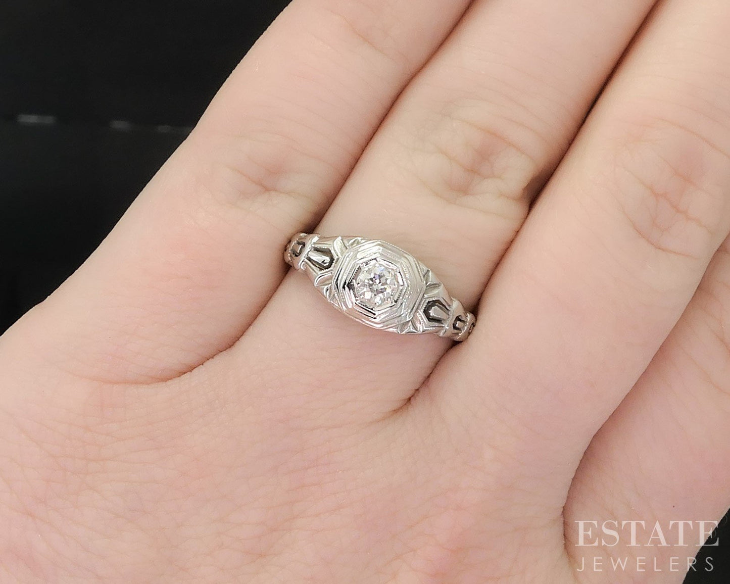 Antique 18k White Gold Natural .13ct Diamond Filigree Solitaire Ring i19648b