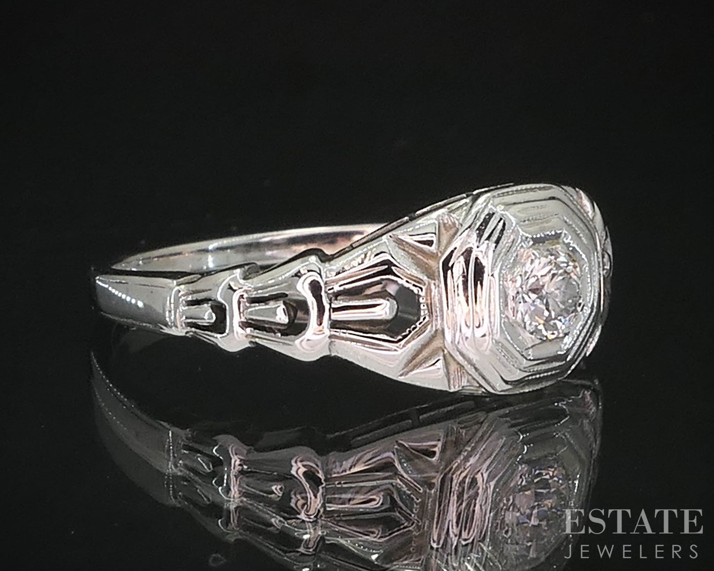 Antique 18k White Gold Natural .13ct Diamond Filigree Solitaire Ring i19648b